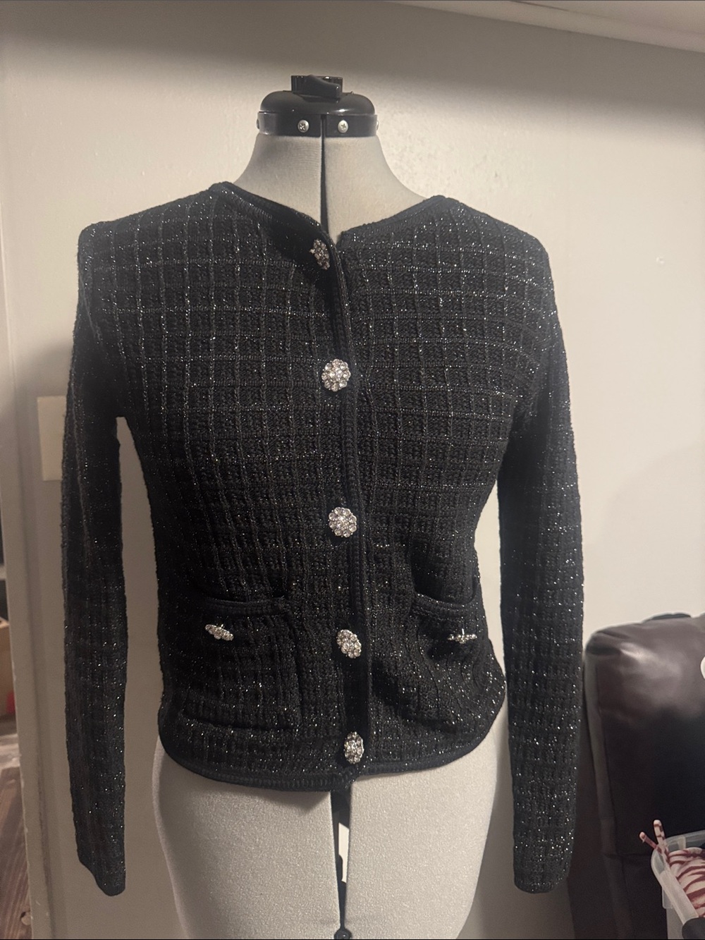 Aqua Black Tweed-Look Knit Cardigan with Crystal Buttons